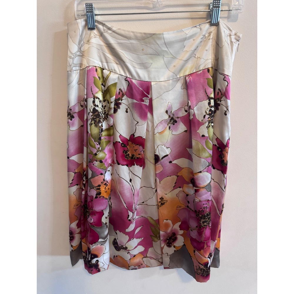 Romantic Floral 100% Silk Satin Sequin Pleated A-Line Skirt Pink Orange Cream
